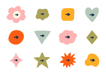 Cute hand drawn mark set for bullet journal. Diary note elements with checkboxes in the shape of flower, star, heart, circle, cloud. Tick arrow point as postpone sign for weekly planner, notebook