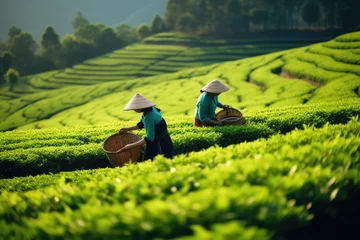 Deurstickers  a asia women pick tea on green plantation terraces © Kien