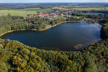 Fototapeta na wymiar Aerial shot of beautiful lake surrounded by forest in a calm autumn day. Germany.