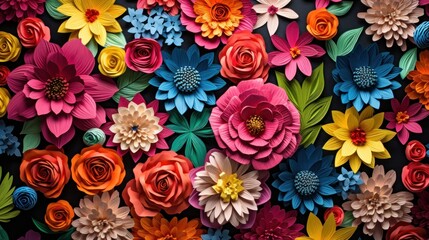 Many colorful paper flowers placed on a black background, in the style of threaded tapestries, traditional mexican style. - obrazy, fototapety, plakaty