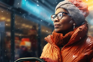 Portrait of senior black woman shopping in winter - obrazy, fototapety, plakaty