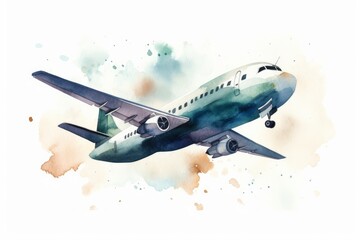 Watercolor airplane for a travel-themed birthday celebration on white background. AI generated