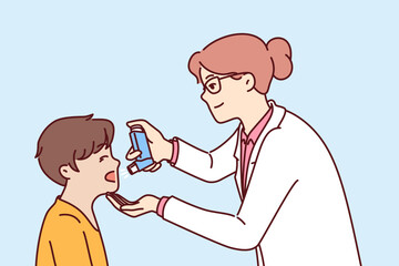 Woman doctor with inhaler helps boy cope with asthma attack or get rid of bronchial health problems. Caring pediatrician giving inhaler to child, recommending use of medicated spray to fight flu - obrazy, fototapety, plakaty