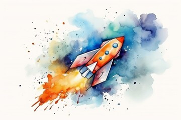 Watercolor rocket ship for an out-of-this-world Birthday on white. AI generated