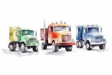 Watercolor toy trucks to celebrate a boy's Birthday on white background. AI generated