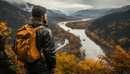 Generative AI, backpacker in autumn landscape, traveler man tourist with backpack hiking in mountains