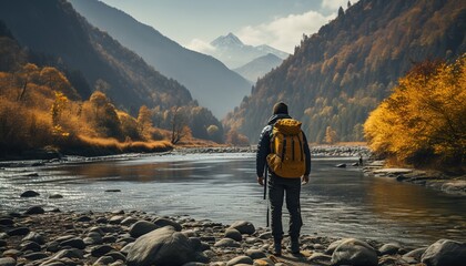 Generative AI, backpacker in autumn landscape, traveler man tourist with backpack hiking in mountains - obrazy, fototapety, plakaty