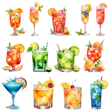  watercolor illustration of cocktails blue lagoon, Pina colada, long island ice tea, daiquiri, sex on the beach, tequila sunrise, mojito, blood Mary, strawberry margarita isolated on white