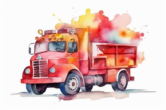 Vibrant Watercolor Fire Truck for a heroic Birthday celebration on white. AI generated