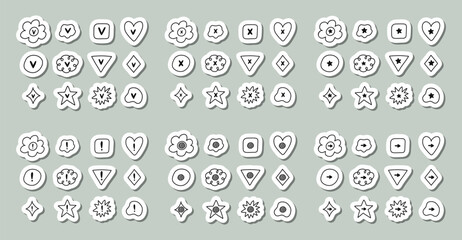 Cute hand drawn sticker set of check and cross mark set with checkboxes in the shape of flower, star, heart, circle, cloud. V, X, yes, no, ok, arrow, exclamation point, star sign for bullet journal