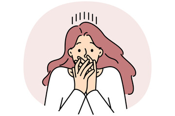 Woman shut mouth frustrated with fear or shock. Stunned female surprised by unbelievable news. Vector illustration. - obrazy, fototapety, plakaty