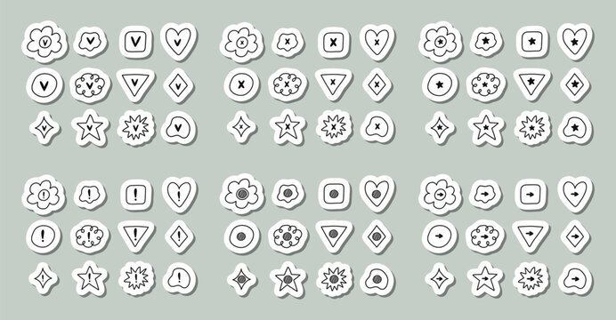 Cute hand drawn sticker set of check and cross mark set with checkboxes in the shape of flower, star, heart, circle, cloud. V, X, yes, no, ok, arrow, exclamation point, star sign for bullet journal