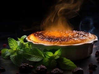 Close-up of a velvety creme brulee with a caramelized top