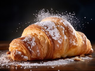 Close-up food photography of a plain croissant with powdered sugar
