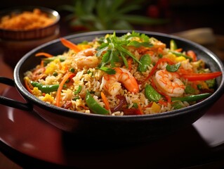 Close-up of flavorful fried rice with prawns and mixed vegetables