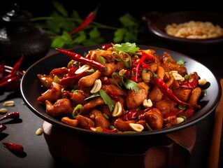 Close-up of spicy kung pao chicken with peanuts and chili peppers