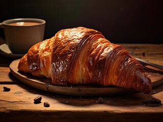  Chocolate-filled croissant on a rustic wooden plate