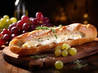 Close-up of a fresh baguette with brie and grapes