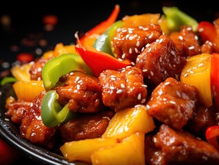 Close-up of sweet and sour pork with pineapple and bell peppers