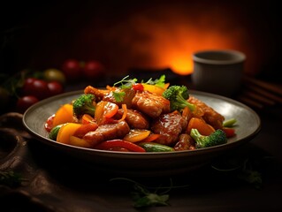  Crispy sweet and sour pork with a side of steamed vegetables