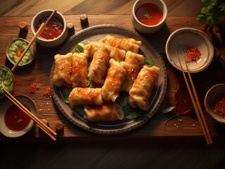 Dim sum spread with fresh spring rolls and chili