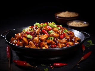 Elegant presentation of kung pao chicken with a sprinkle of sesame seeds