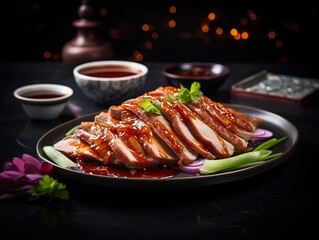 Elegant presentation of Peking duck slices with a plum sauce