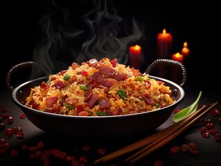  Elegant presentation of spicy fried rice with crisp bacon