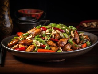 Kung pao chicken with mixed vegetables on a sleek plate