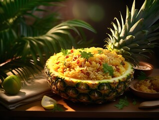 Pineapple fried rice served in a carved pineapple