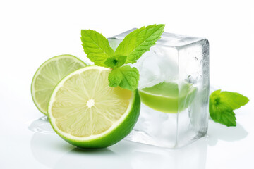 Ice cubes with fresh mint leaves and lime. Frozen water in shape of cube. Ice for lime drink, lemon soda or cocktails. Cold lemonade. Melting natural or real ice on white isolated background