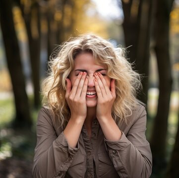 Mujer rubia tap&aacute;ndose la cara con las manos. Felicidad, Jugar al escondite. Bromear