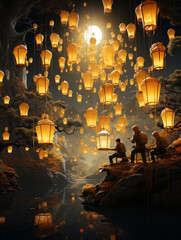 A Surreal Illustration of a Group Making Homemade Autumn Lanterns