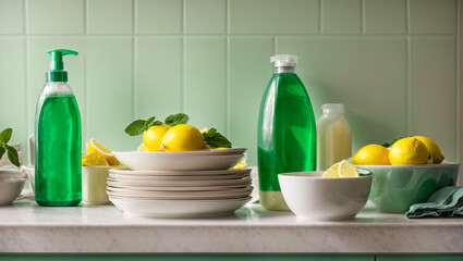 Dishwashing liquid in a bottle, lemon, on a kitchen background - obrazy, fototapety, plakaty