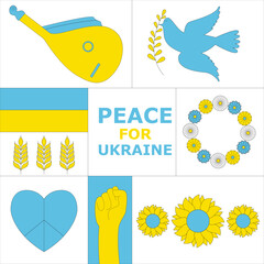 poster, print, lettering peace for Ukraine, blue and yellow colors, flag, dove, peace sign