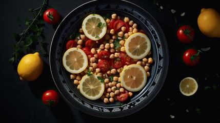 Bowl full of Chickpeas and Tomatoes with Lemon and other Vegetables. Healty Food. Aerial Shot.