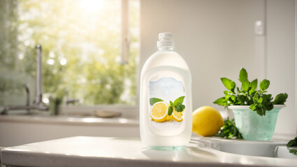 Dishwashing liquid in a bottle, lemon, on a kitchen background