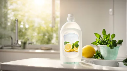 Fotobehang Dishwashing liquid in a bottle, lemon, on a kitchen background © tanya78