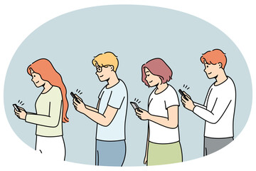Young people in line with smartphones in hands addicted to gadgets. Men and women with addiction to cellphones. Technology and modern world. Vector illustration.