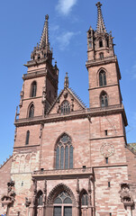 Basel Minster Facade Portrait, Full Length Shot with Clear Sky