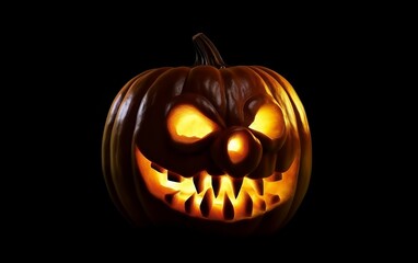 An orange pumpkin with a scary face stands and glows with glowing eyes on a Halloween table.