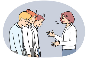 Furious businesswoman scream and scold stressed employees at workplace. Angry authoritarian female boss shout and lecture unhappy workers. Vector illustration.