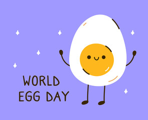 World Egg Day. Banner with a cute egg character on a purple background. Perfect for posters, cards, social media, various designs. October 13th