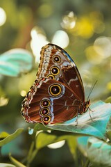 Naklejka premium Vivid emperor butterfly basking in sunlight on a lush green leaf