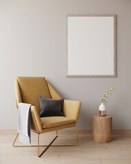 Yellow armchair in a grey room with a picture frame adjacent to it, providing a copy space