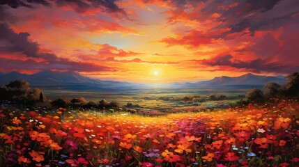  a painting of a sunset over a field of wildflowers.  generative ai