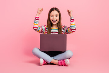 Full body photo of beautiful cute daughter watching her school schedule hooray holidays laptop...