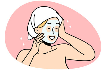 Happy young woman in towel on head and facial mask enjoy beauty procedure. Smiling girl have face skincare routine at home on spa day. Vector illustration.