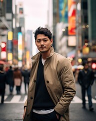Fototapeta premium Well Dressed Korean Man Smiling at camera in the Middle of the City, tons of people walking