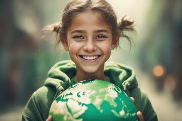 smiling girl next to planet earth, climate change, environment concept, generative AI	